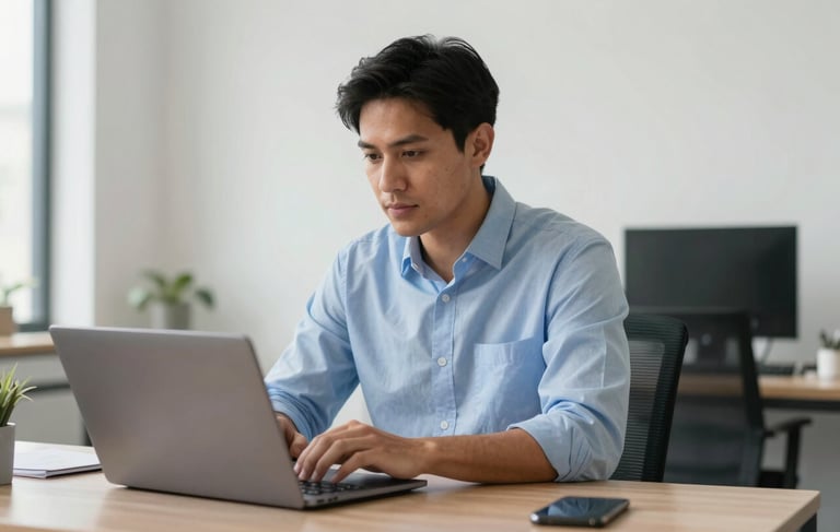 A professional South American IT consultant working on a modern laptop in a clean, brightly lit office environment. The scene uses a palette of light blue and charcoal gray, conveying trust and efficiency through a sharp, high-resolution photography style.