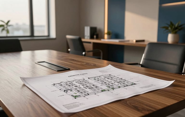 A clean, high-definition photograph of a sophisticated real estate consultancy office in Noida. The scene features a sleek wooden meeting table with architectural blueprints of a residential complex spread out. A professional South Asian environment with modern steel blue and taupe accents, warm evening lighting streaming through large windows, and a professional, trustworthy atmosphere.
