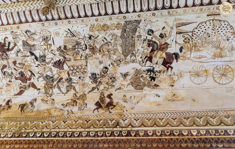 Mythological fresco on Lakshmi Temple's ceiling - Lord Hanuman leads Rama's army on horseback,Orchha