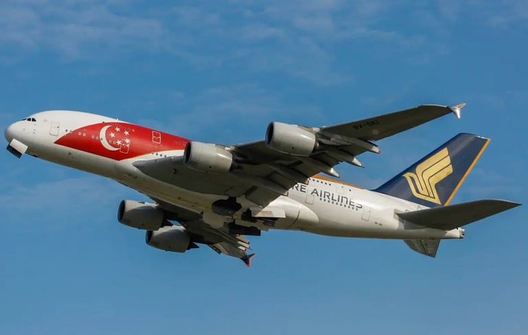 Singapore Airlines A380 taking off against blue sky.