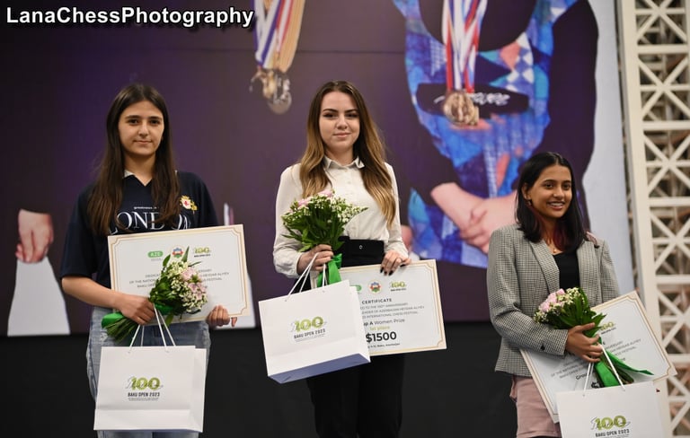Nurgyul Salimova of Bulgaria wins the USD1500 Women's prize at the Baku Open Chess Tournament 2023