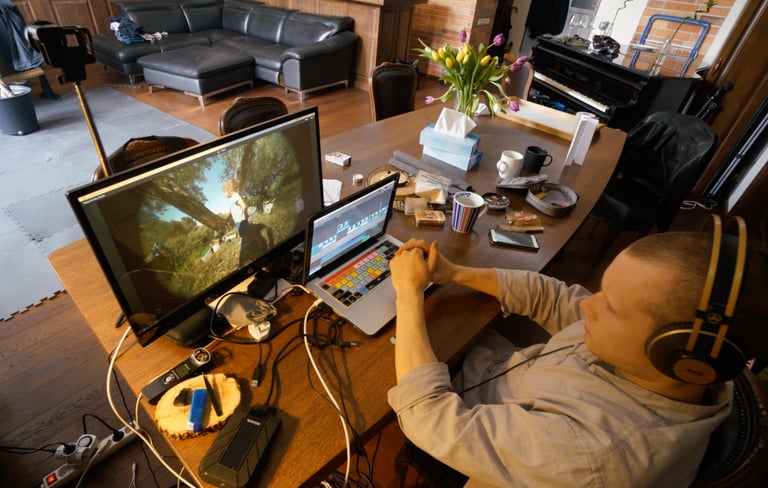 a man sitting at a desk with a laptop and a computer monitor editing a youtube video
