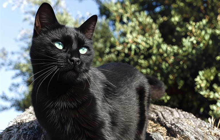 a black cat sitting on a rock in the sun