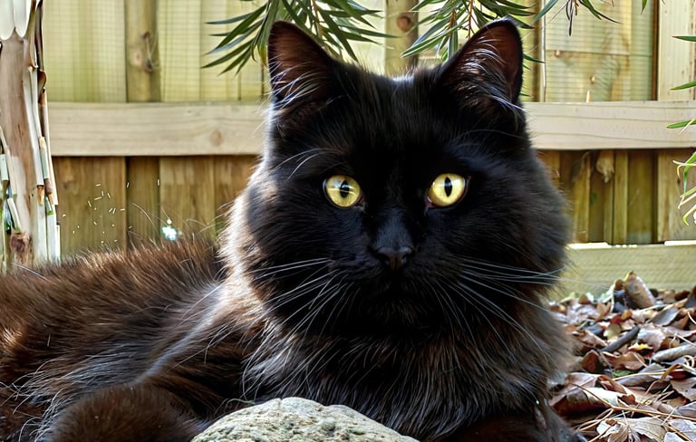 a black cat laying on a pile of rocks