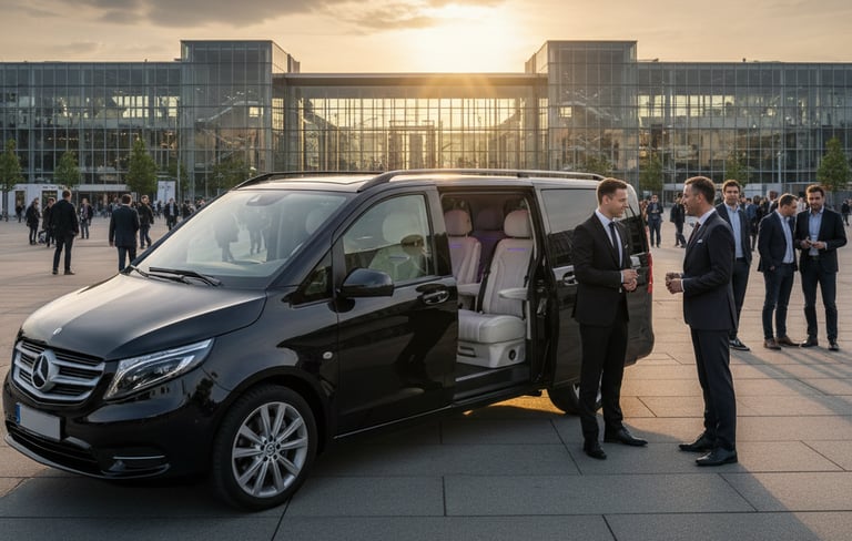 Exklusiver VIP-Shuttleservice Berlin: Schwarzer Mercedes Vito mit gehobener Ausstattung vor Messe.