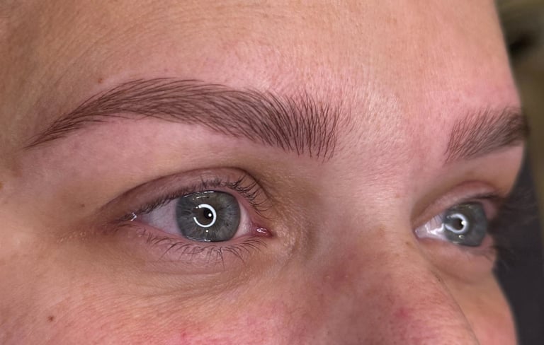 Una mujer con su resultado final después del procedimiento de microblading.