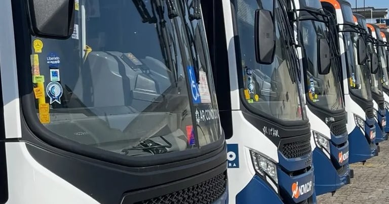fileira de ônibus novos Novacap 2024 Caio Apache Vip V