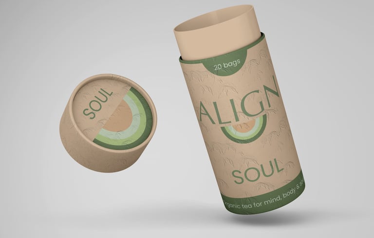 Align Soul tea tube packaging mockup showing taller format with brand mark and product name in green