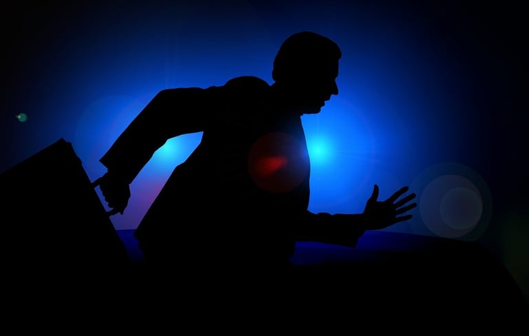 Running person in the dark, metaphor for stress, escaping