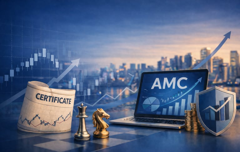 AMC stock market trading concept with a laptop, chess pieces, and financial growth charts over a city skyline.