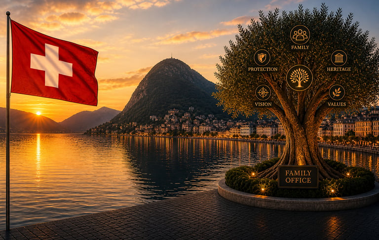 Swiss family office wealth management concept featuring a Switzerland flag and olive tree at sunset in Lugano.
