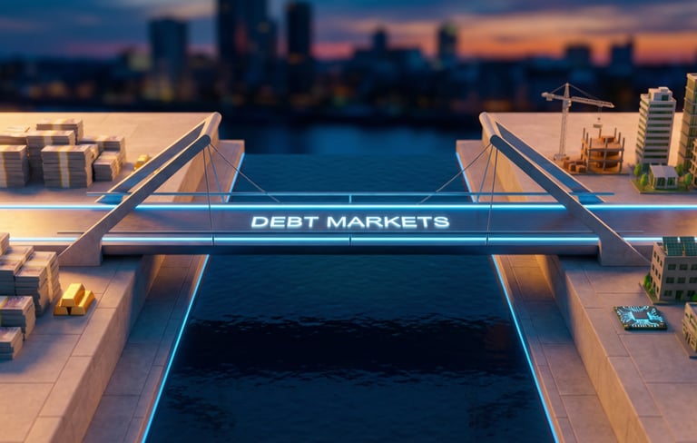 A 3D rendering of a modern bridge labeled Debt Markets connecting cash stacks to a miniature city.