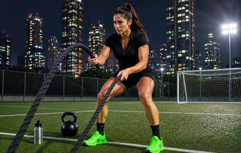 Deportista realizando ejercicio con cuerdas para desarrollar fuerza y resistencia.