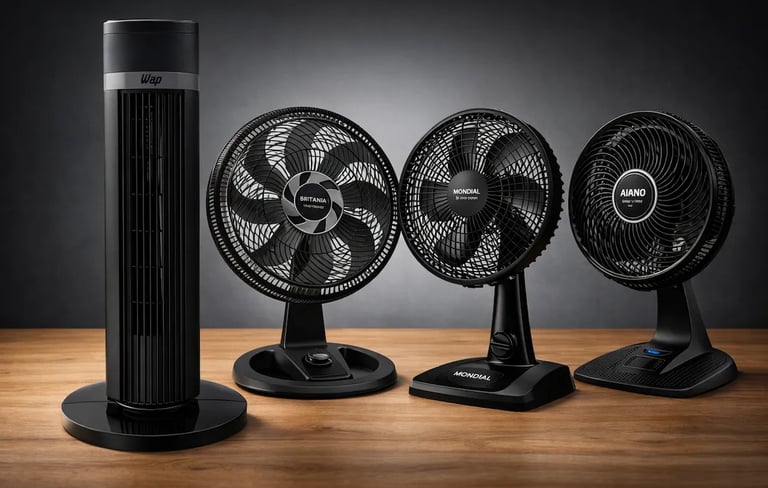 A variety of black electric fans, including tower and table models, on a wooden surface.