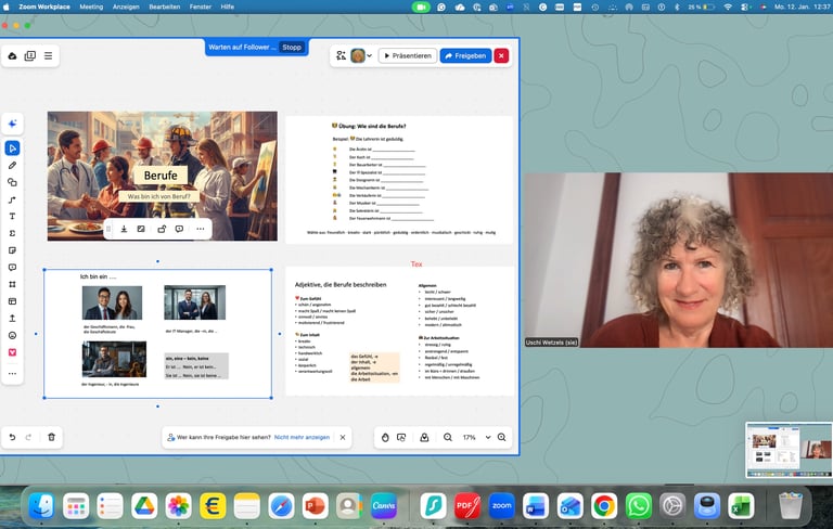Online German lesson with shared presentation and teacher on video call