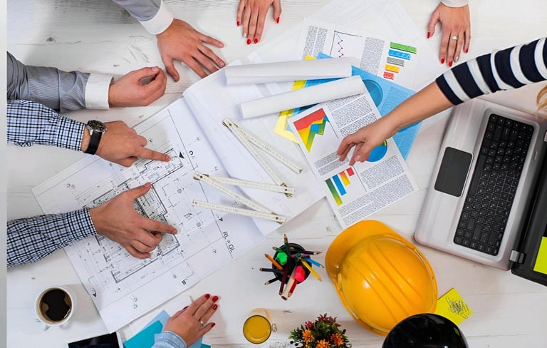 Team of architects and engineers reviewing construction blueprints and data charts during a project meeting.