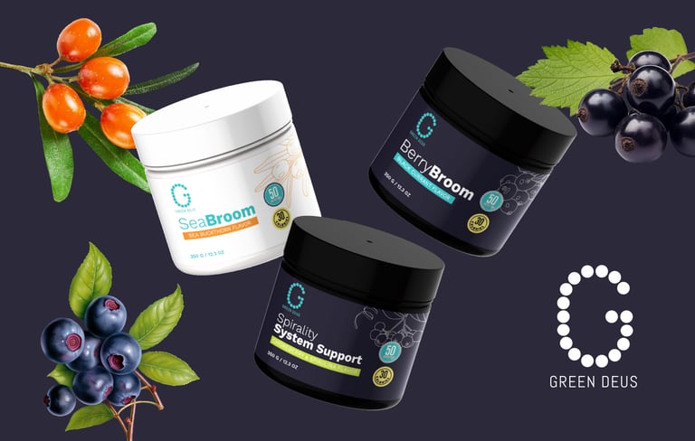 dark picture with supplement packaging Greendeus brand , berry flavor.