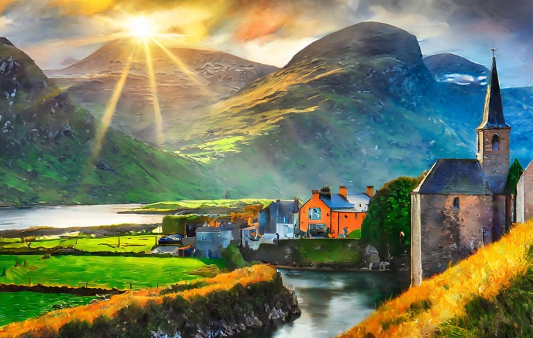typical landscape of ireland with green fields and hills, sun illustrative of spiritual psychic