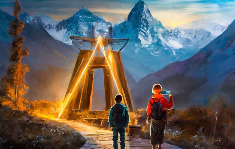 two people walking a path towards mountains