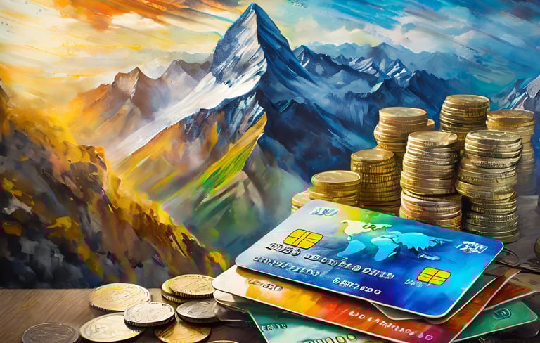 payment forms of coins and credit cards with mountain in background