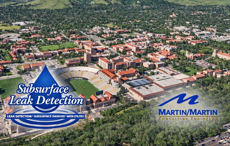 cu boulder sky view with subsurface leak detection logo and martin and martin logo