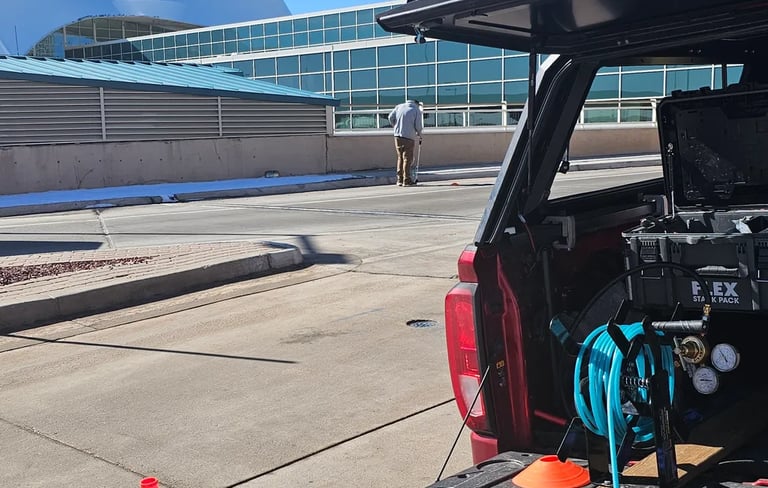 man doing leak detection on bridge at Denver international Airport