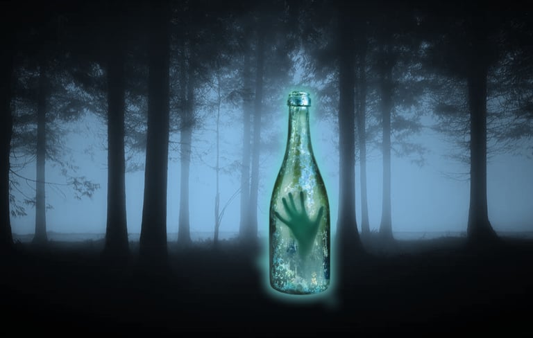 mysterious wine bottle with somone inside at a dark forest