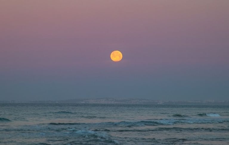 a full moon rising over the ocean with a pink sky