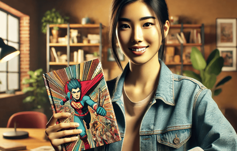 a woman holding a comic book and a comic book