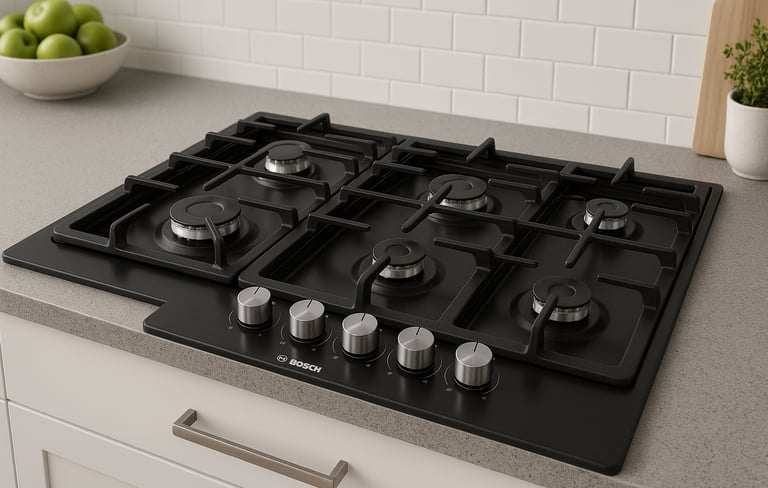 Bosch gas cooktop installed in a modern kitchen.