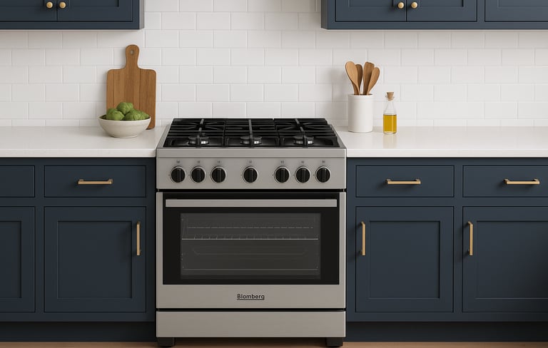 Blomberg gas range in a modern kitchen with navy cabinets and white tile backsplash.