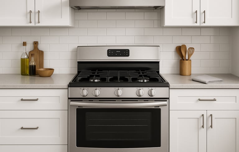 Stainless steel Admiral gas range installed in a modern kitchen with white cabinets