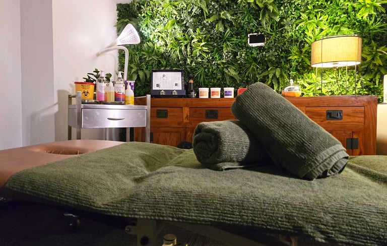 calm tranquil photo of a massage studio with the massage bed at the front and green wall in the back
