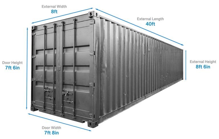 Grey 40ft Standard Shipping Container with dimensions