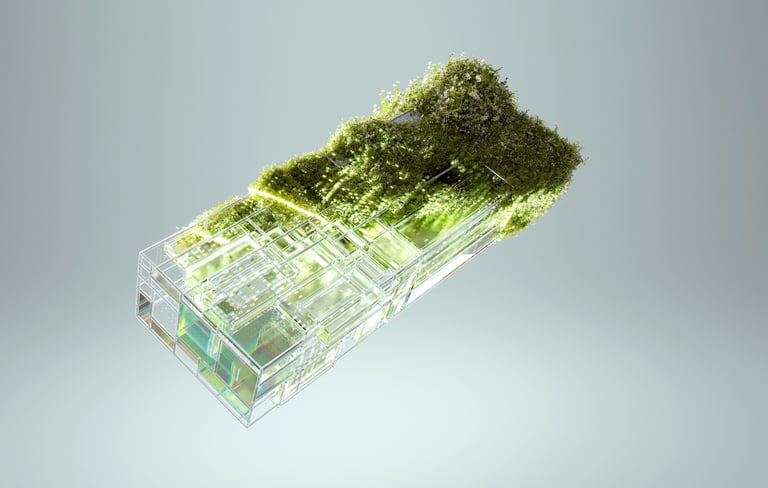A transparent, futuristic data server overgrown with lush green moss and flowers, representing the i