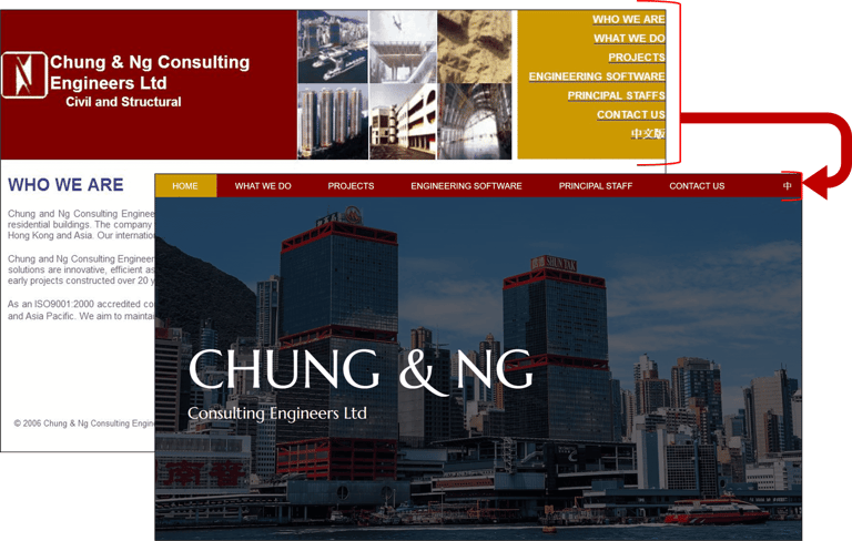 Screenshots of old and new Chung & Ng website to show reduction in size of navigation