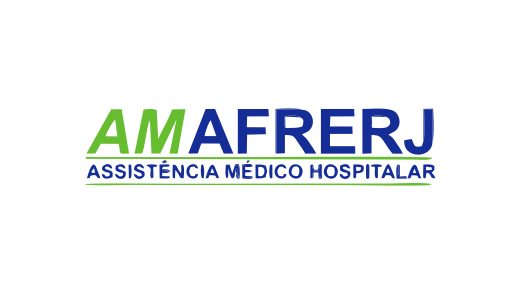 Logomarca da empresa AMAFRERJ, com predominância das cores branco, verde claro e azul marinho.
