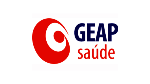 Logomarca da empresa GEAP Saúde, com predominância das cores branco, vermelho vivo e azul escuro.