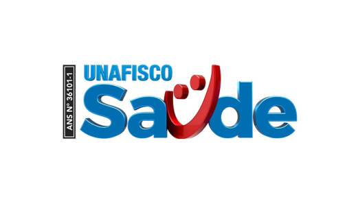 Logomarca da empresa UNAFISCO Saúde, com predominância das cores branco, vermelho e azul.