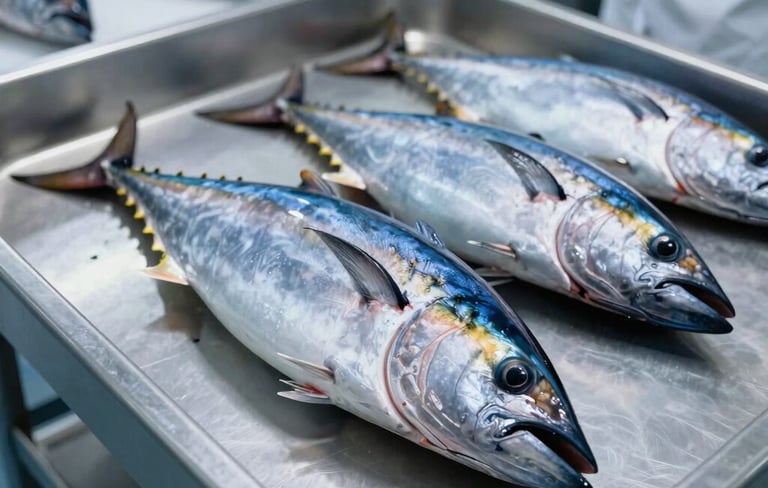 Fresh whole yellowfin tuna displayed on a stainless steel tray at a commercial seafood market facility.