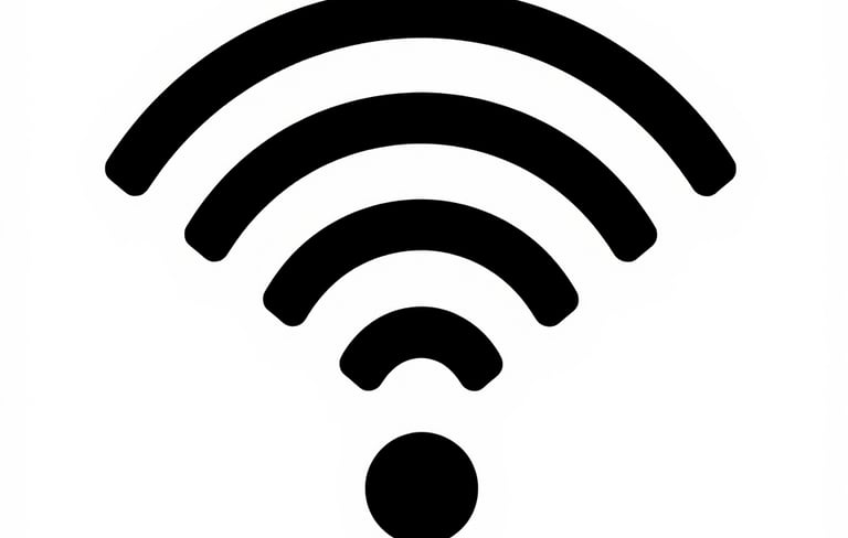 Black and white minimalist Wi-Fi signal icon representing wireless internet connectivity.