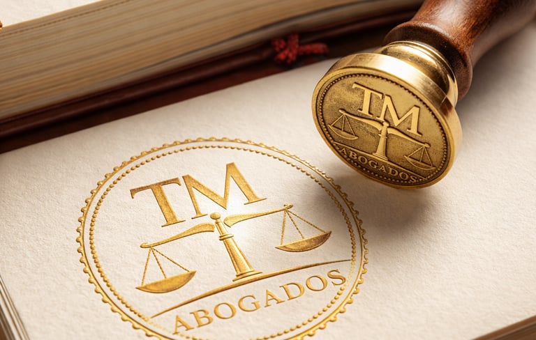 Sello de lacre dorado del bufete TM Abogados con el logotipo de una balanza de la justicia sobre un 
