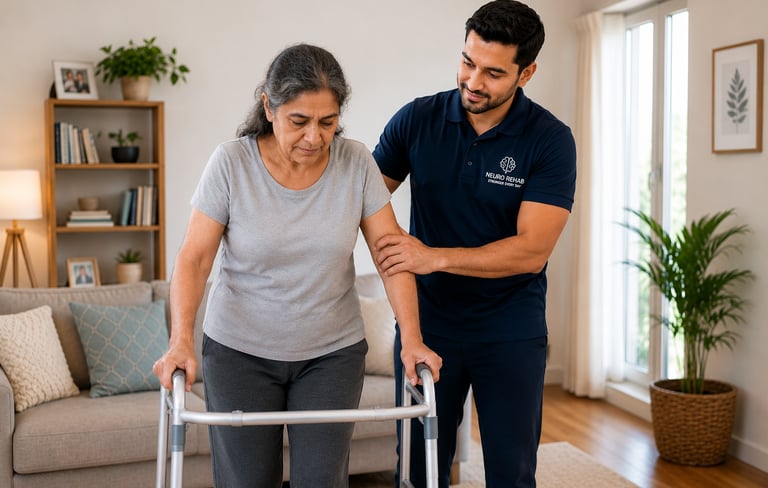 A male physical therapist assists a senior woman using a walker for mobility at home.