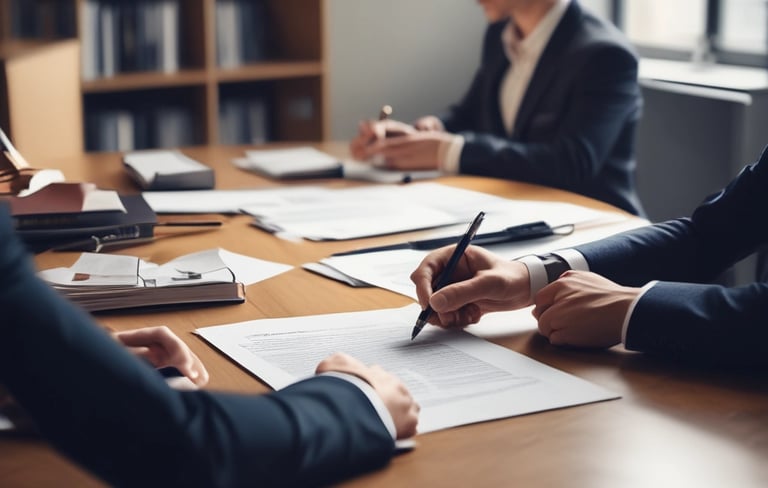 A professional lawyer consulting with clients over real estate documents in a modern office.