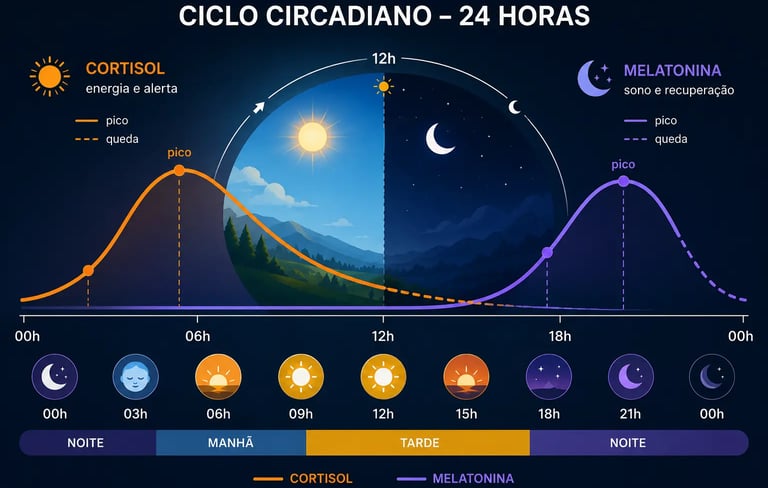 Graph of the 24-hour circadian rhythm showing cortisol and melatonin hormone levels for sleep health.