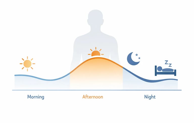Infographic showing a human circadian rhythm cycle from morning to night with energy levels peaking in the afternoon.