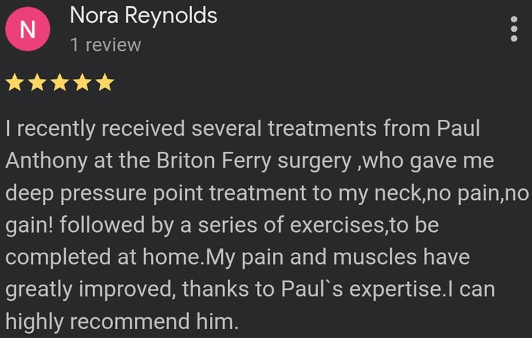 Physora Physio Google review for post-operative rehabilitation in Neath
