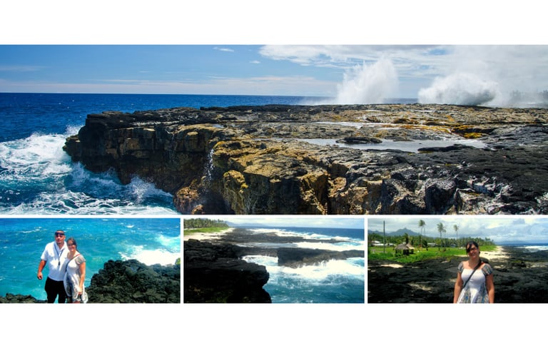 Autora e guia observando os Blowholes de Alofaga, com o mar agitado e a força da natureza ao fundo em Pago Pago.
