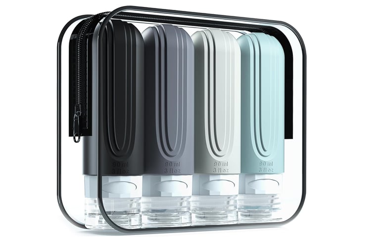 Set of four silicone travel bottles in a clear zippered toiletry bag for carry-on liquids.