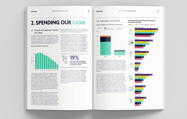 a magazine article spread with colourful charts and infographics
